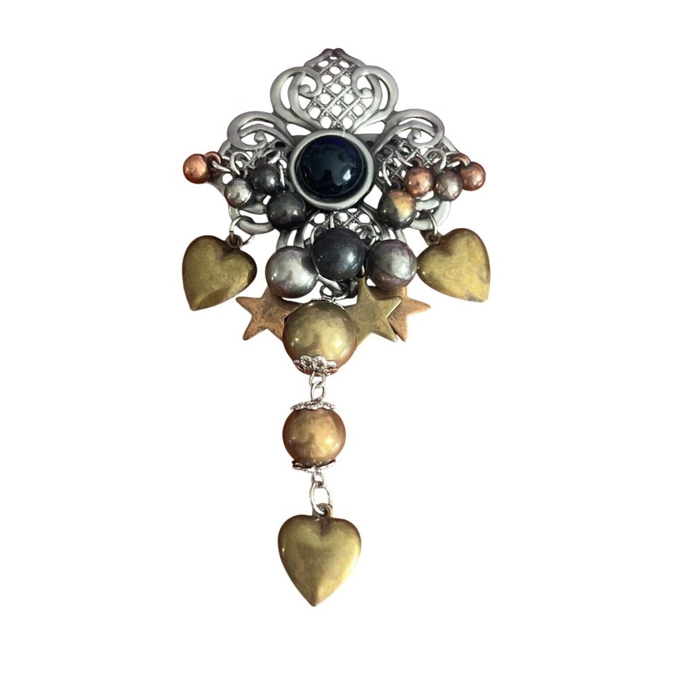 Vintage Silver Gold Tone Brooch Pin Black Stone Heart Star Charms Filigree 4.5"